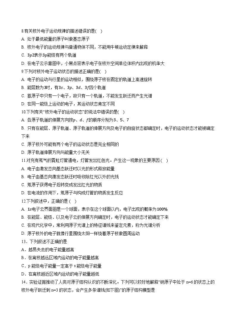 鲁科版2019高二化学选修二 1.1+原子结构模型（习题）02