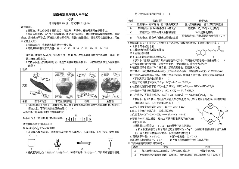 2024湖南省高三年级入学考试化学试卷第1页