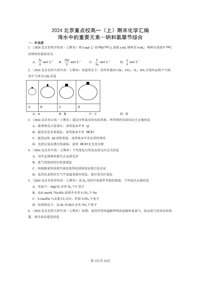 [化学]2024北京重点校高一上学期期末真题真题分类汇编：海水中的重要元素—钠和氯章节综合01