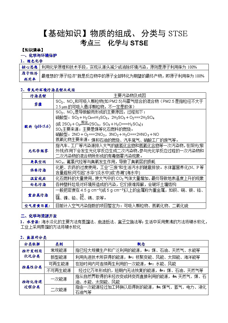 高考化学一轮复习基础知识讲义专题三考点三  化学与STSE（解析版）第1页