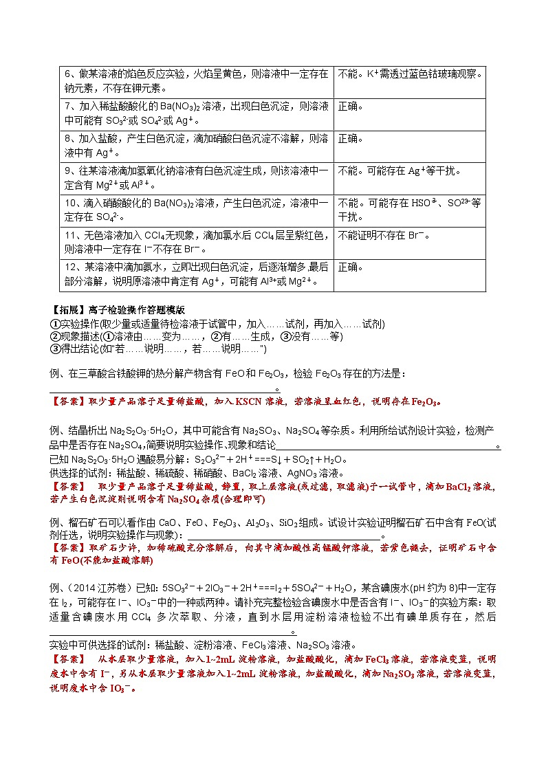 高考化学一轮复习基础知识讲义专题三考点五 离子检验与推断（解析版）第2页