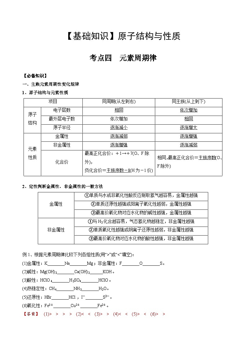 高考化学一轮复习基础知识讲义专题四考点四 元素周期律（教师版）第1页
