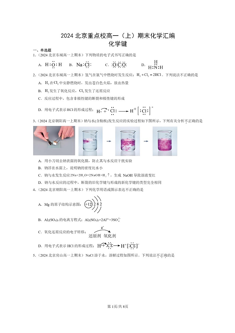 [化学]2024北京重点校高一上学期期末真题分类汇编：键01