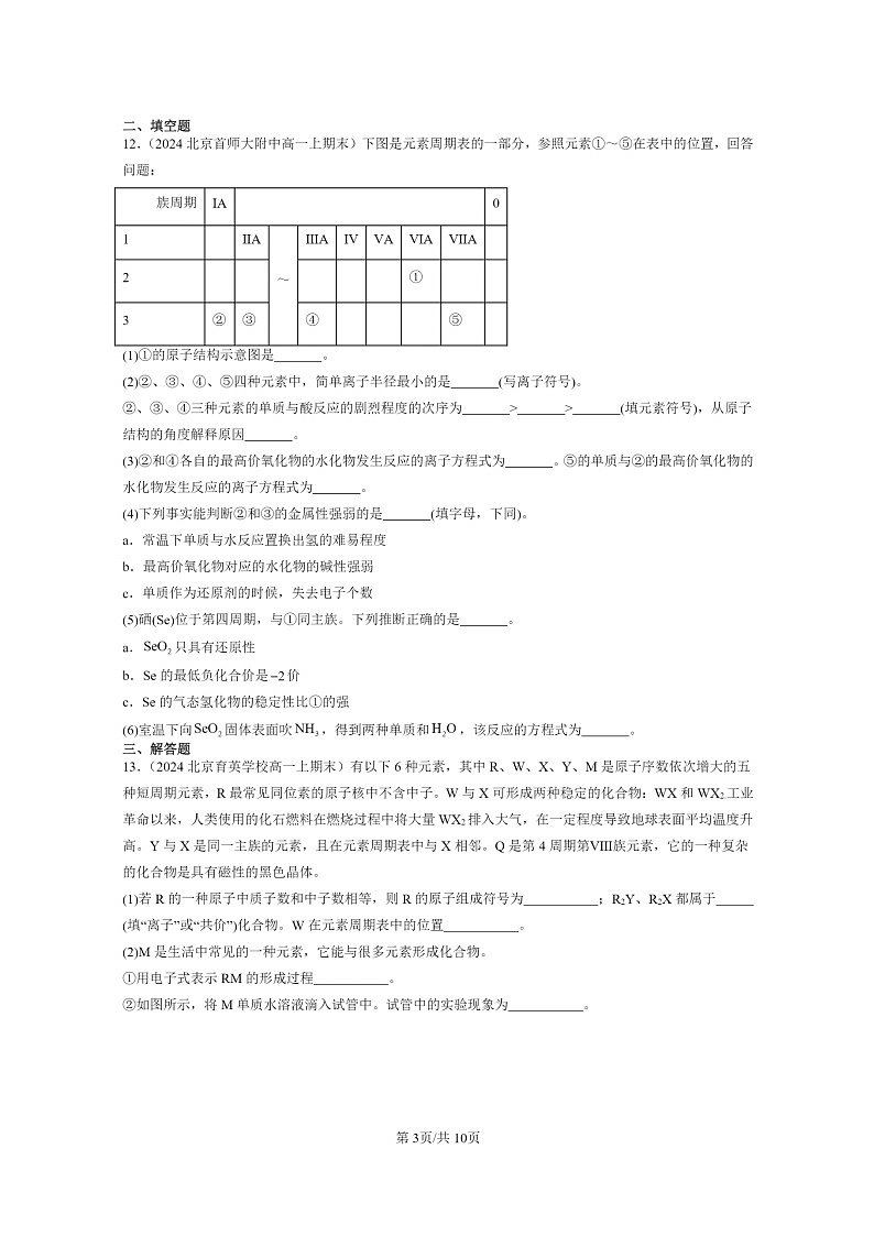 [化学]2024北京重点校高一上学期期末真题分类汇编：元素周期律03
