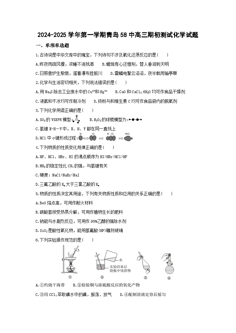 山东省青岛第五十八中学2024-2025学年高三上学期期初第二次测试化学试题第1页