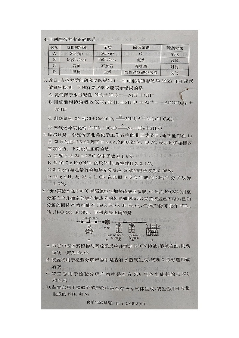 湖南省郴州市2024-2025学年高二上学期入学摸底联考+化学试题02