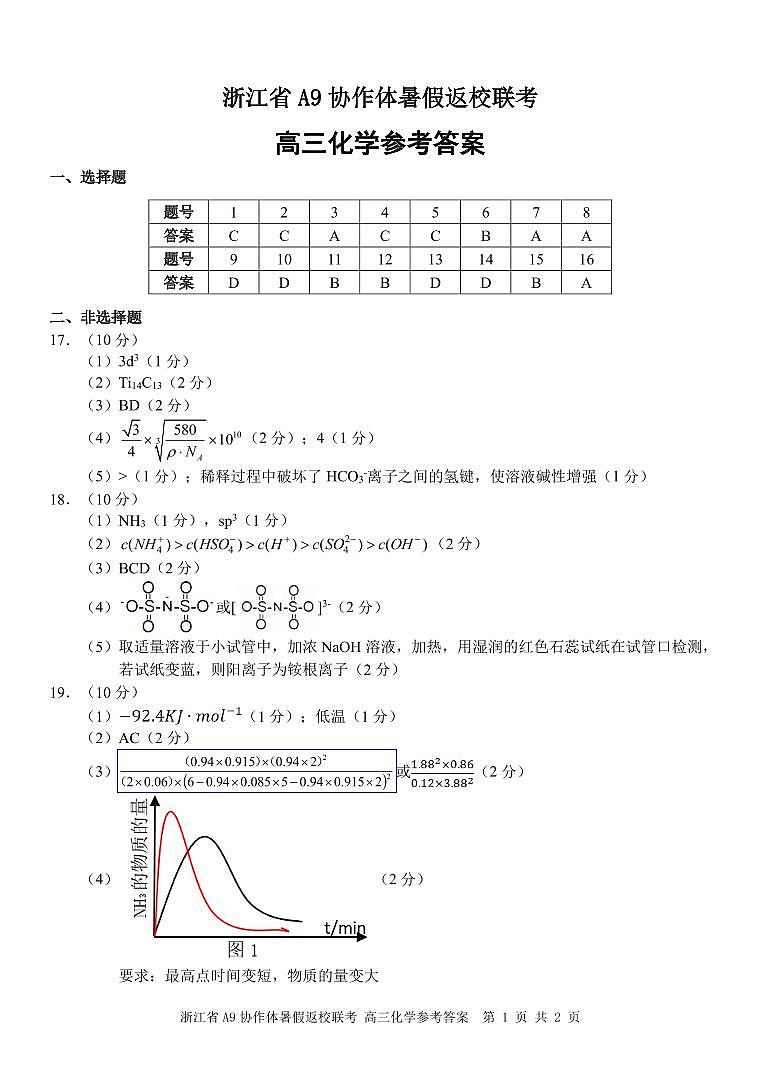 浙江省A9协作体2025届2024年8月高三年级八月暑期返校联考化学试卷答案第1页