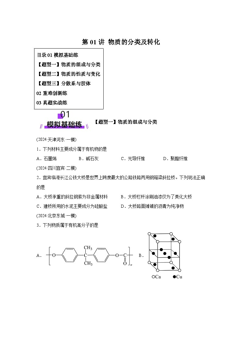 2025年高考化学一轮复习讲练测第01讲物质的分类及转化（练习）（新教材新高考）含解析答案01