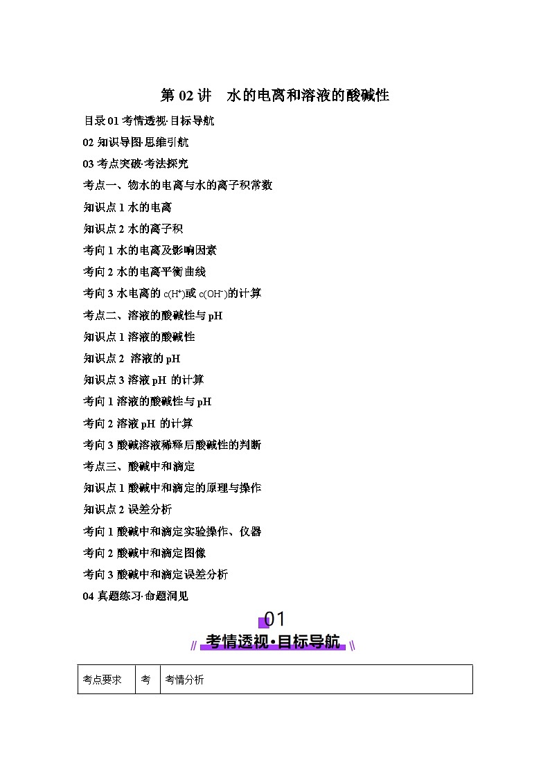 2025年高考化学一轮复习讲练测第02讲水的电离和溶液的酸碱性（新教材新高考含解析答案01