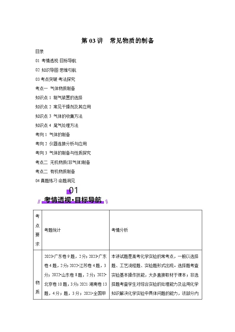 2025年高考化学一轮复习讲练测第03讲常见物质的制备（新教材新高考）含解析答案01