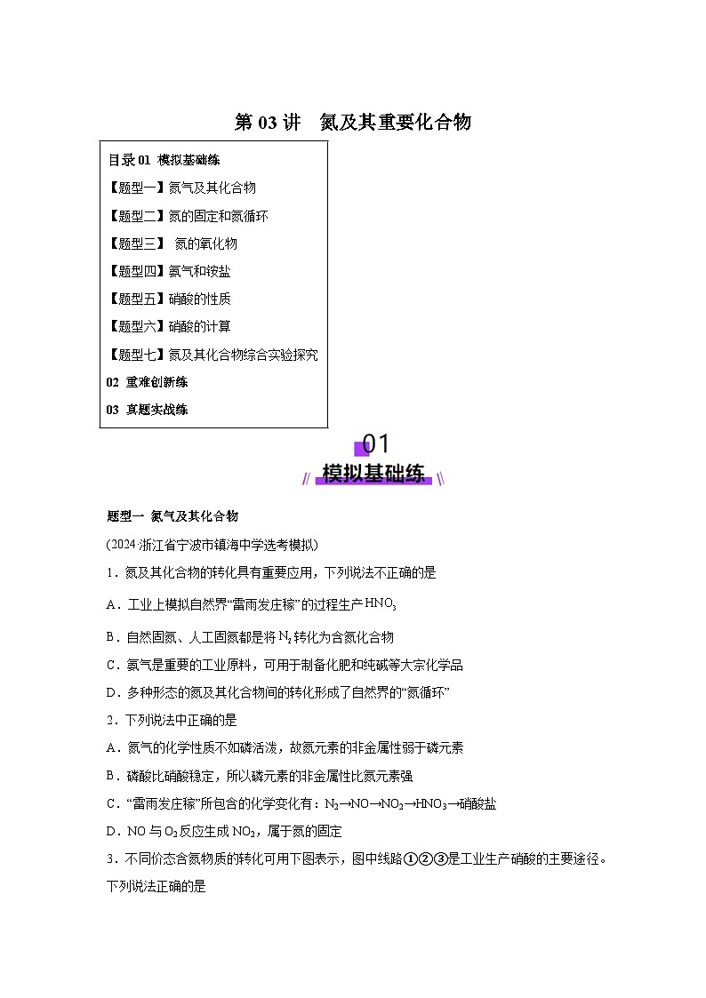 2025年高考化学一轮复习讲练测第03讲氮及其重要化合物(练习)（新教材新高考）含解析答案01