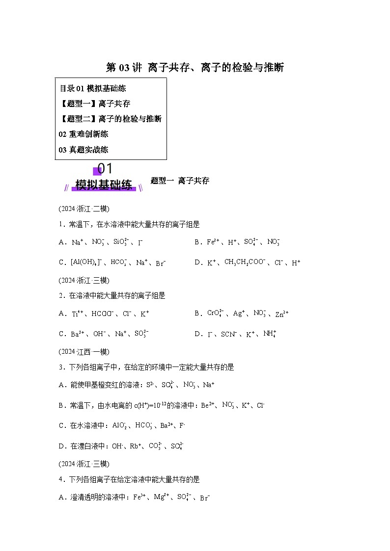 2025年高考化学一轮复习讲练测第03讲离子共存、离子的检验与推断（练习）（新教材新高含解析答案01