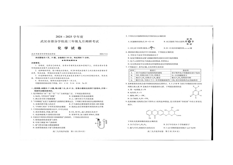 湖北省武汉市2025届高三上学期9月调研考试+化学试卷01