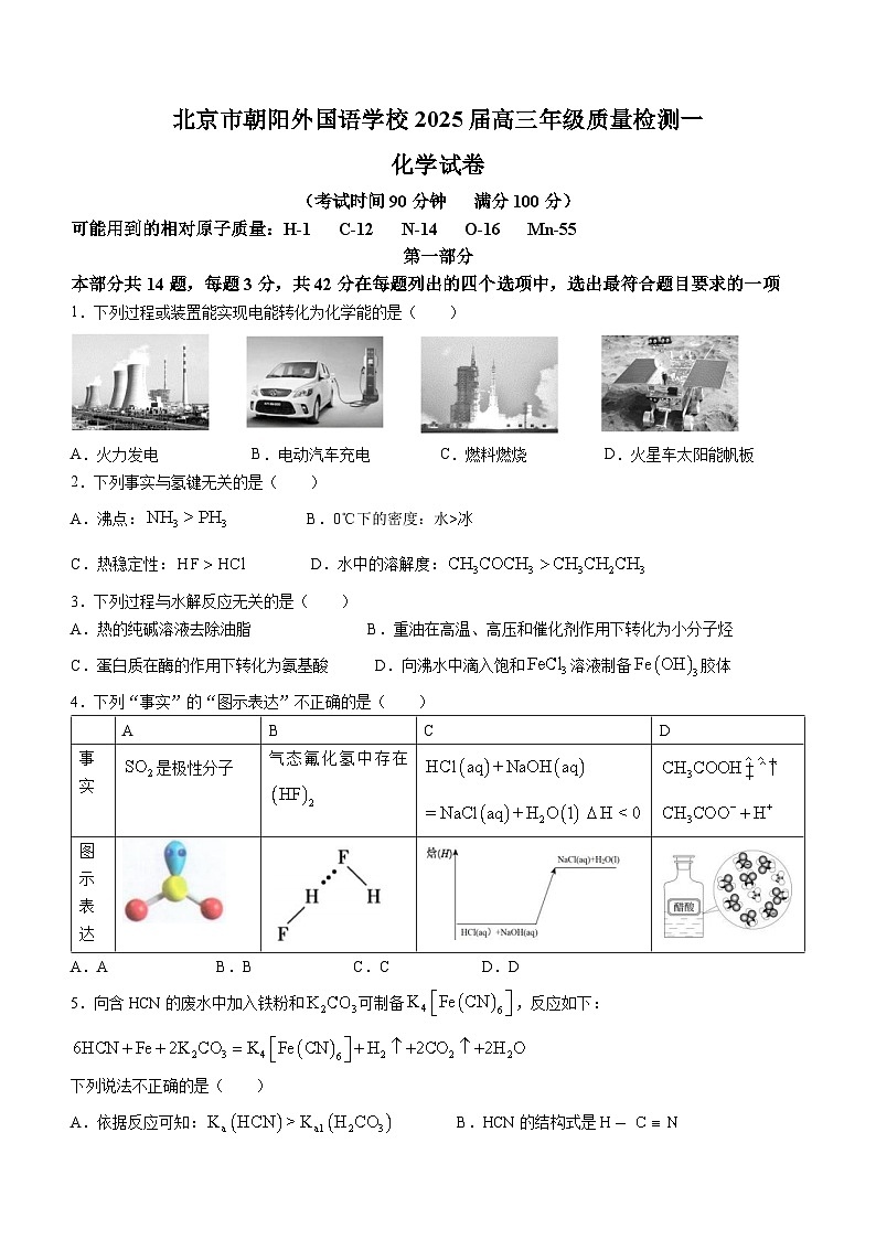 北京市朝阳外国语学校2024-2025学年高三上学期开学考试化学试题01