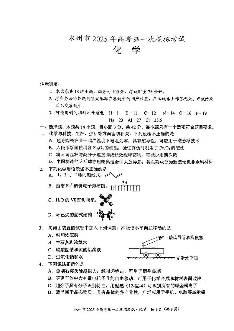 湖南省永州市广安友谊中学2025届高三上学期第一次模拟考试+化学试题01