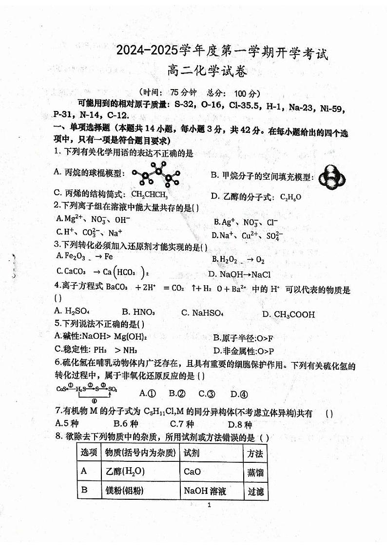 甘肃省武威市民勤县等2地2024-2025学年高二上学期开学考试化学试题01