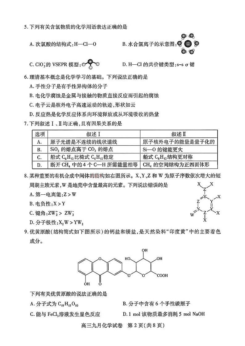 湖北省武汉市部分学校2025届高三上学期9月第一次调研考试+化学试题+02