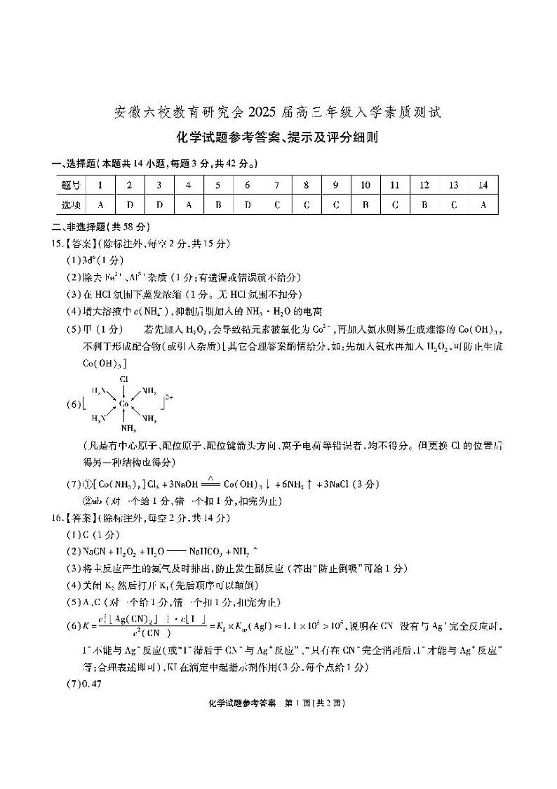 2025届安徽六校教育研究会联考高三上学期开学考试化学试题+答案01