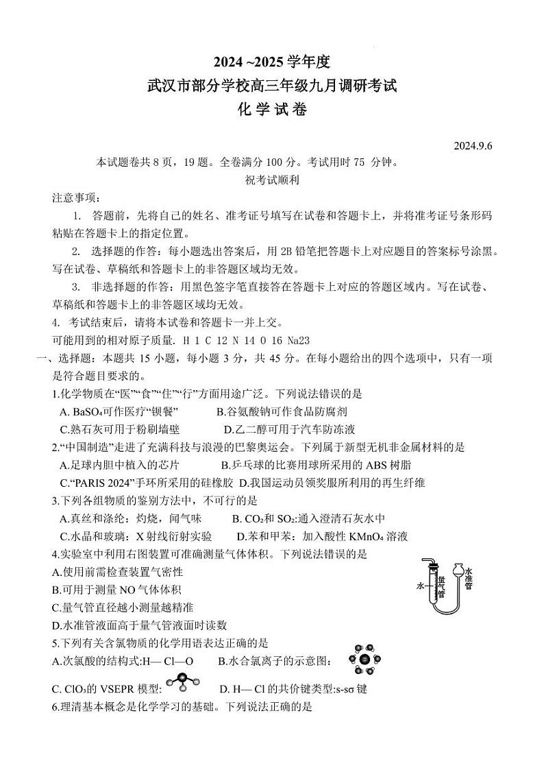 2025届湖北武汉市高三上学期9月第一次调研考试化学试题+答案01