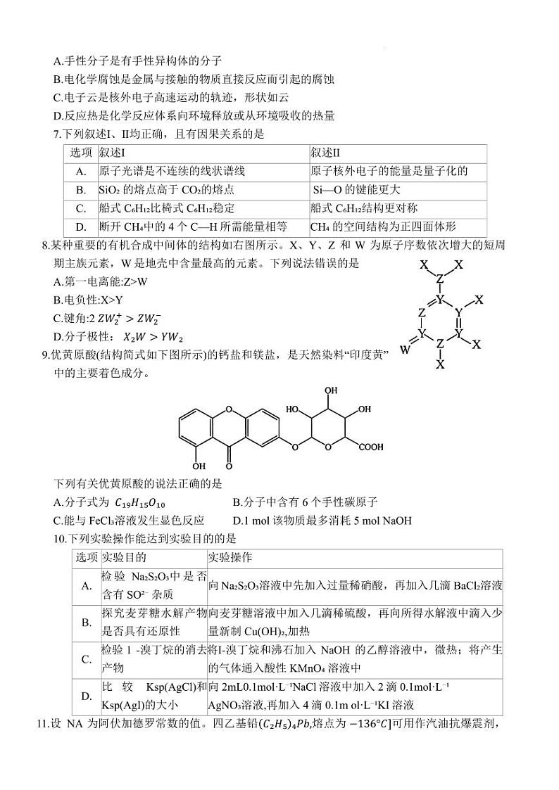 2025届湖北武汉市高三上学期9月第一次调研考试化学试题+答案02