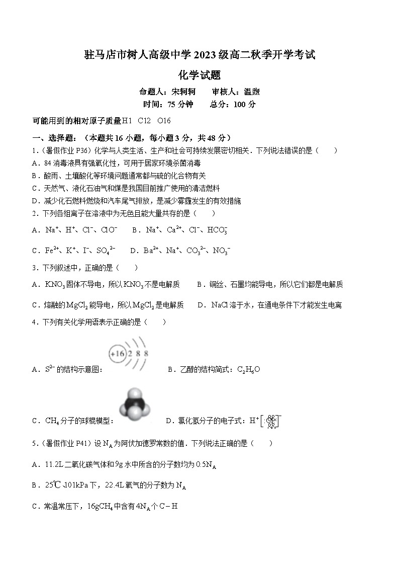 河南省驻马店市树人高级中学2024-2025学年高二上学期开学考试化学试卷(无答案)01