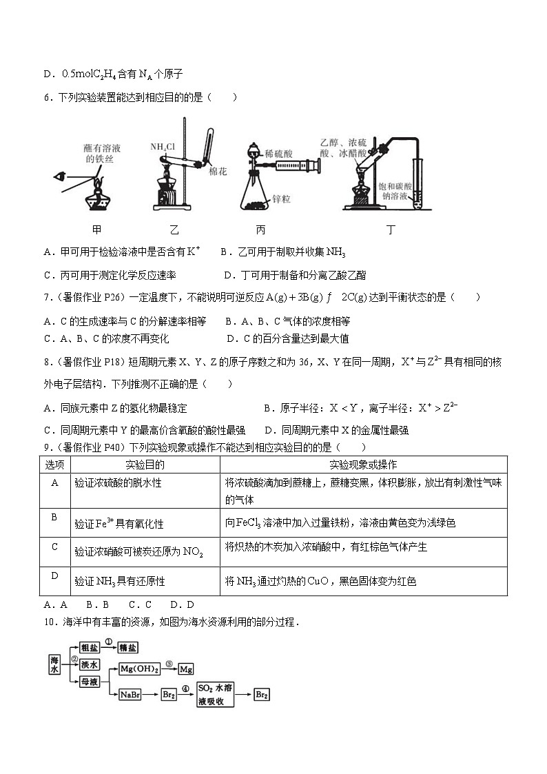 河南省驻马店市树人高级中学2024-2025学年高二上学期开学考试化学试卷(无答案)02