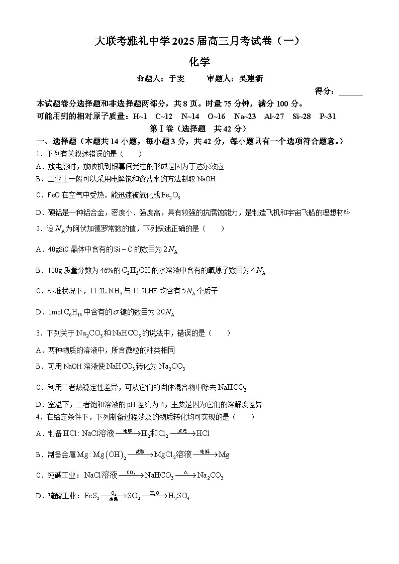 湖南省长沙市雅礼中学2025届高三上学期第一次月考化学试题01