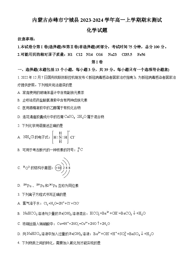 内蒙古赤峰市宁城县2023-2024学年高一上学期期末考试化学试题（原卷版）01