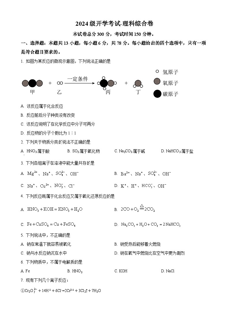 河南省驻马店市新蔡县第一高级中学2024-2025学年高一上学期开学考试理科综合卷-高中化学（原卷版）01