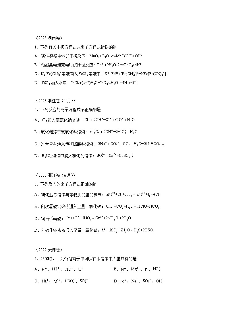 三年高考化学真题分类汇编（2022-2024）专题04离子反应含解析答案01