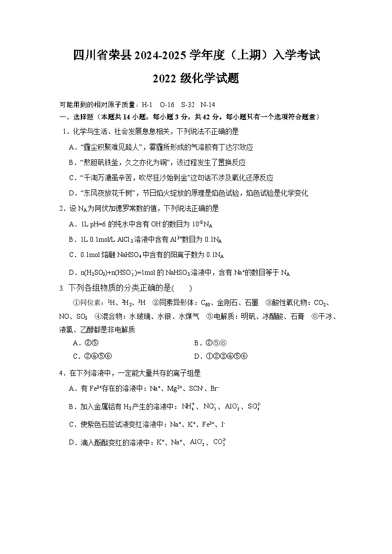 四川省自贡市荣县中学校2024-2025学年高三上学期开学考试+化学试卷第1页
