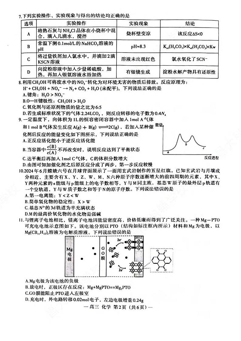 化学丨江西省南昌市2025届高三9月零模考试化学试卷及答案第2页