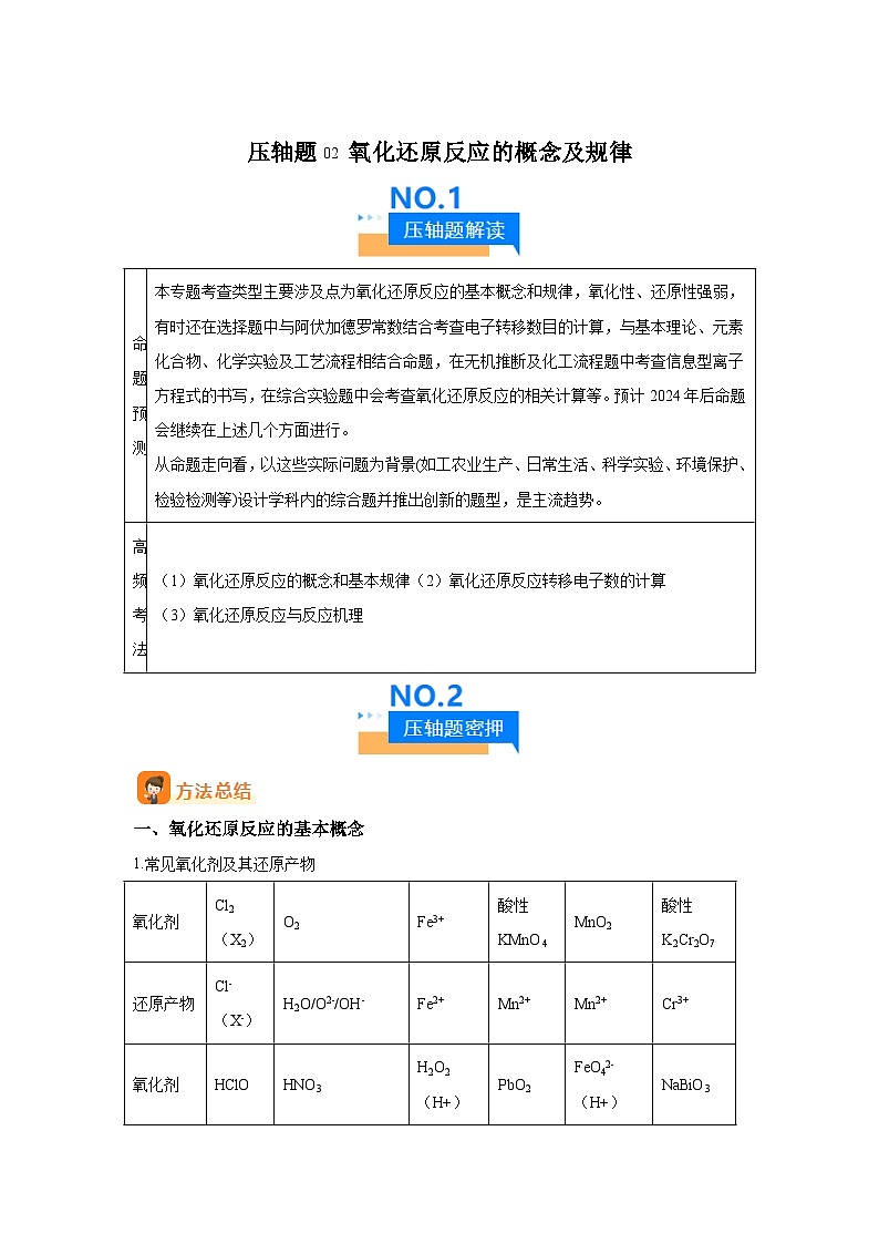 压轴题02氧化还原反应的概念及规律（5大题型方法总结压轴题速练）-2025年高考化学压轴题专项01