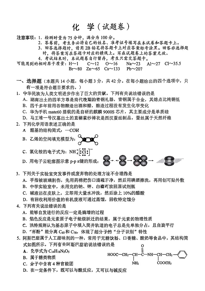 湖南省益阳市2024-2025学年高三上学期9月第一次教学质量检测化学试题     含答案01