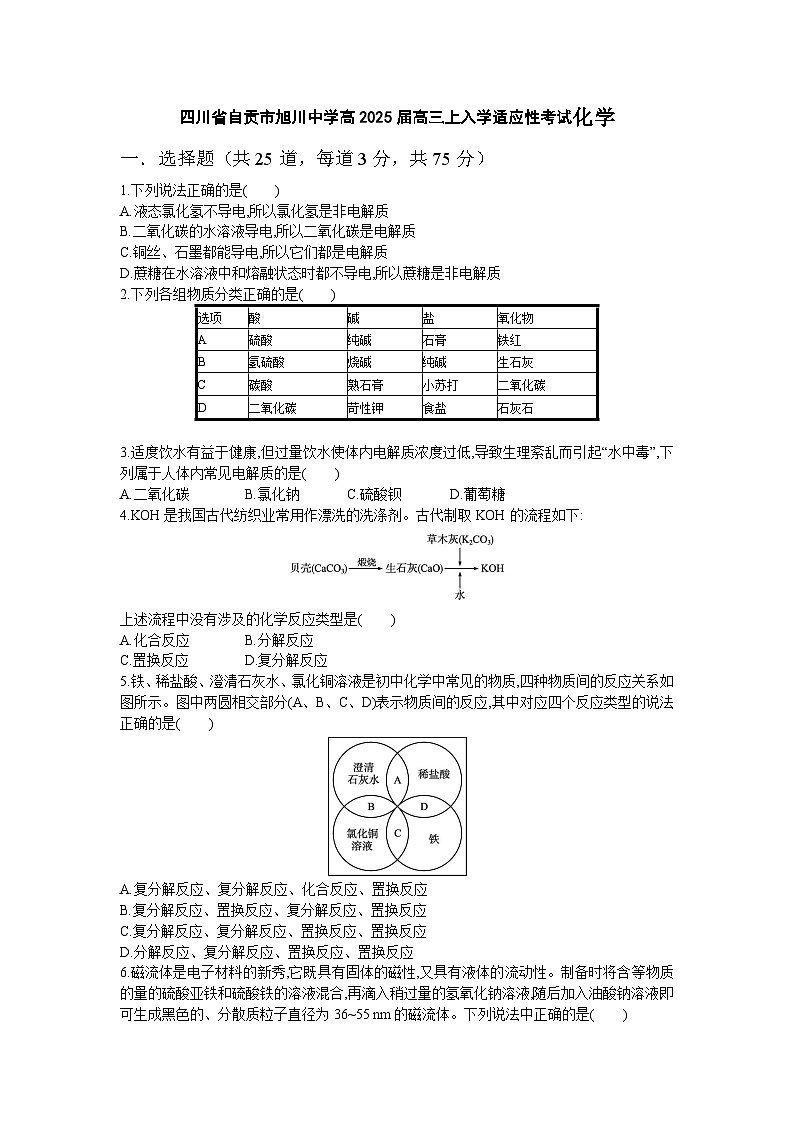 四川省自贡市旭川中学2024-2025学年高三上学期开学考试化学试题第1页