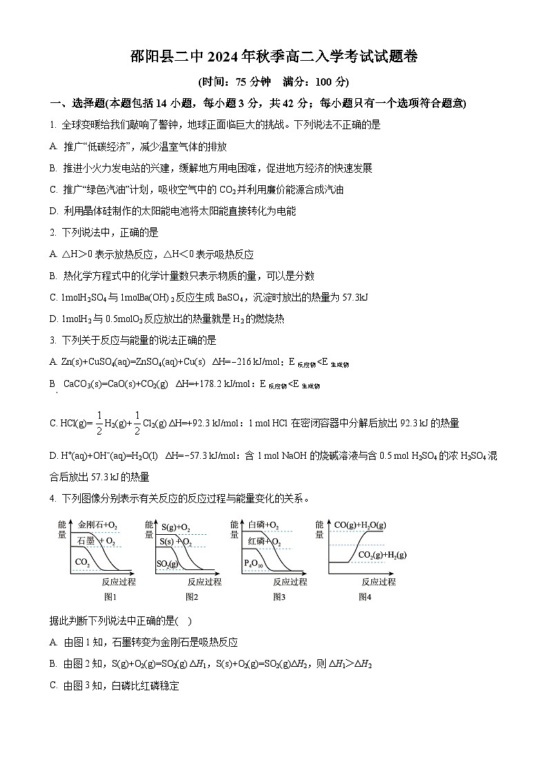 湖南省邵阳市邵阳县第二高级中学2024-2025学年高二上学期入学考试化学试题（原卷版）第1页
