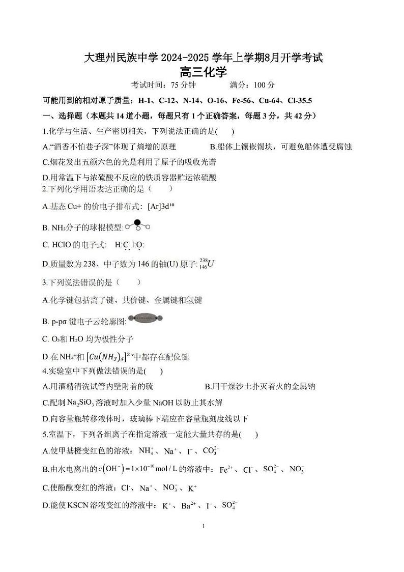 化学丨云南省大理民族中学2025届高三9月开学化学试卷及答案01