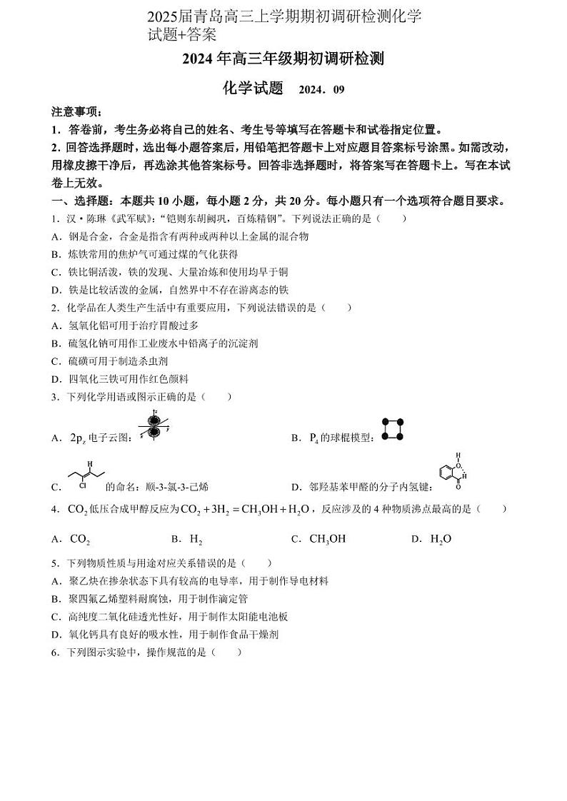 山东省青岛市2024年高三年级上学期9月期初调研检测 化学试题01