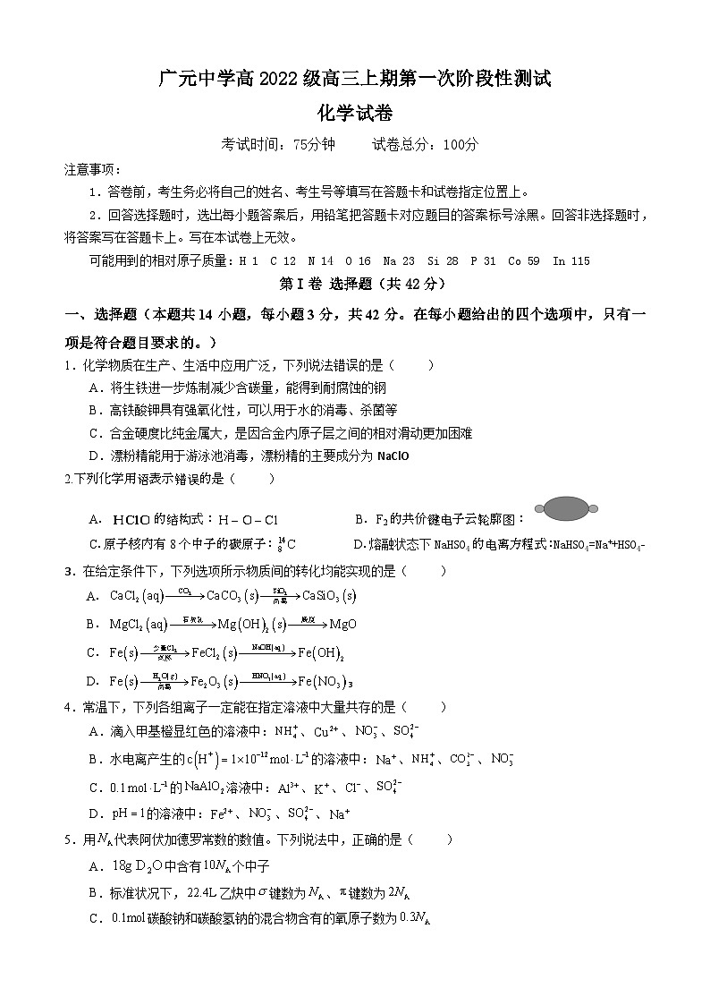 四川省广元中学2024-2025学年高三上学期第一次阶段性测试word（有答案）第1页
