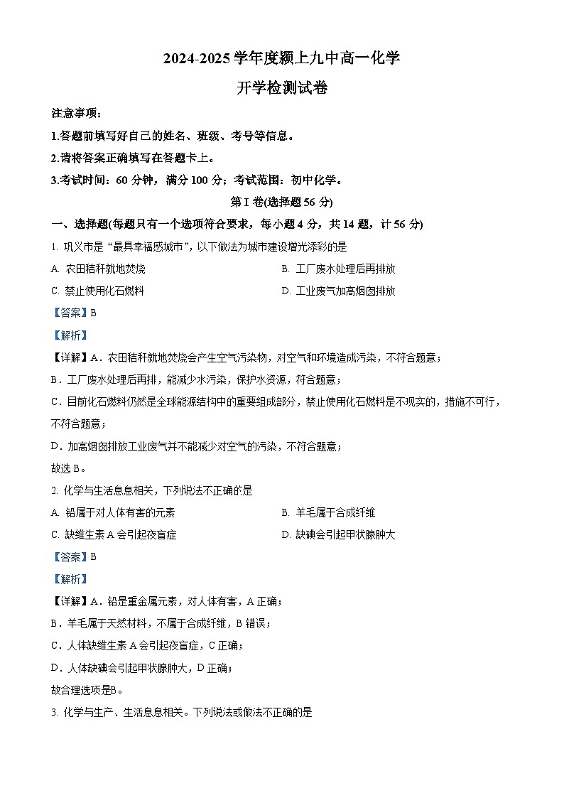 安徽省阜阳市颍上九中2024-2025学年高一上学期开学检测化学试卷（解析版）01