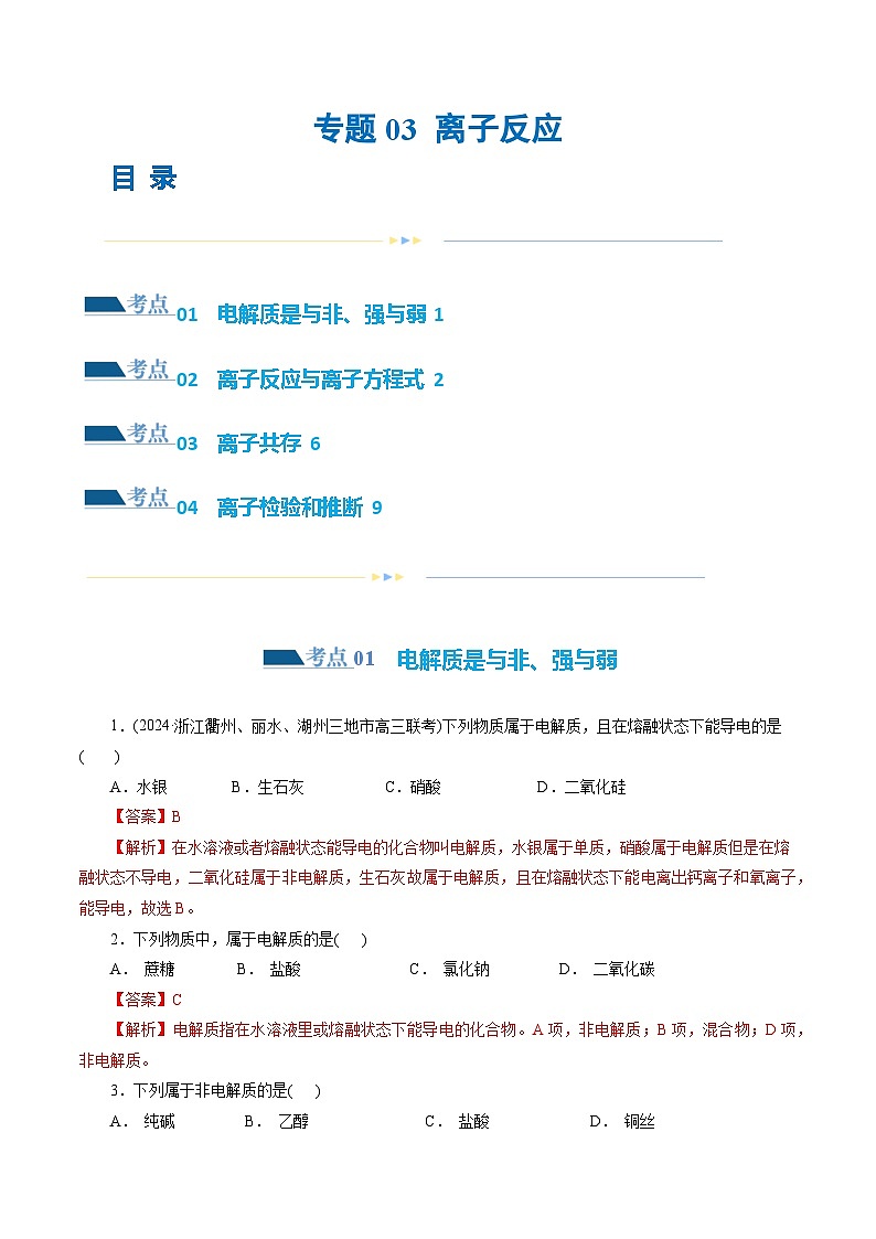新高考化学二轮复习讲与练 专题03 离子反应(练习)（2份打包，原卷版+解析版）01