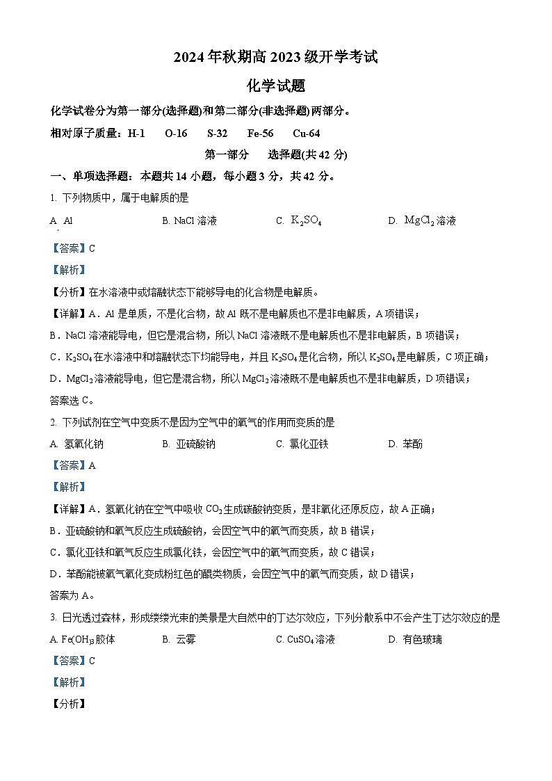 四川省泸州市泸县第五中学2024-2025学年高二上学期开学考试 化学试题 Word版含解析第1页