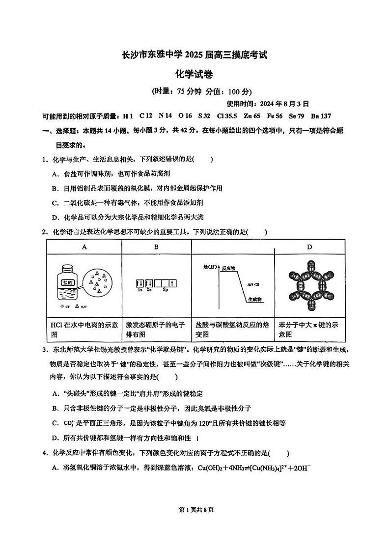 湖南省长沙市东雅中学2025届高三上学期摸底考试化学试题第1页