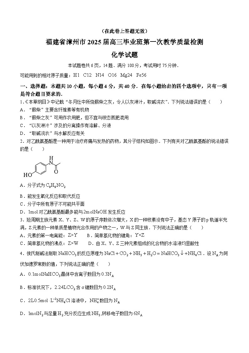 福建省漳州市2025届高三上学期毕业班第一次检测（一模）化学试题第1页