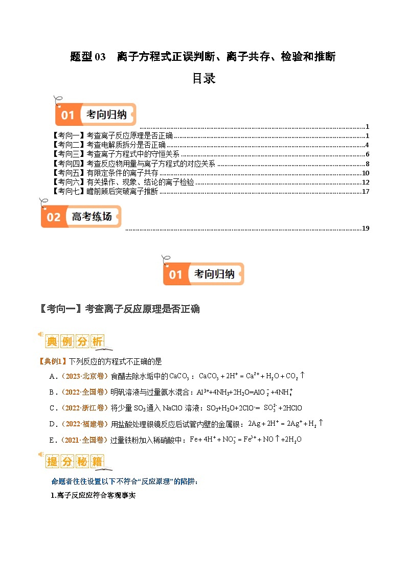 新高考化学二轮复习题型归纳与变式演练题型03 离子方程式正误判断  离子共存、检验和推断（2份打包，原卷版+解析版）01