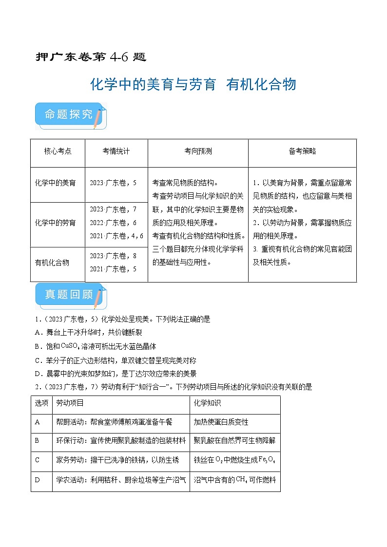 （广东版）新高考化学三轮冲刺强化练习 第4-6题 化学中的美育与劳育 有机化合物（原卷版）第1页