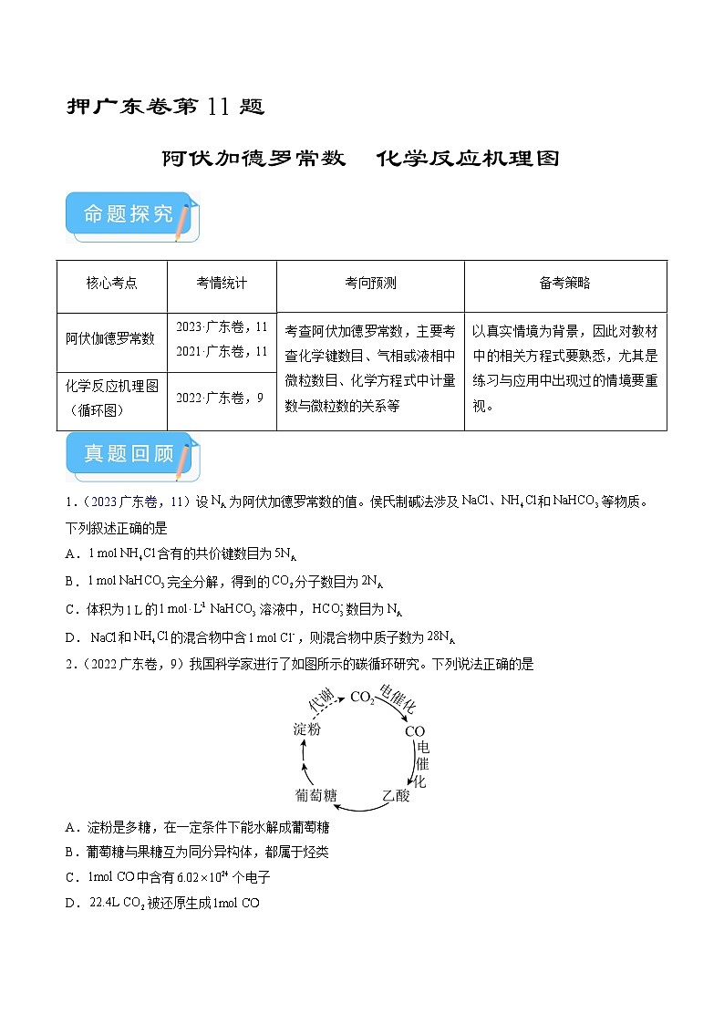 （广东版）新高考化学三轮冲刺强化练习 第11题 阿伏加德罗常数 化学反应机理图（原卷版）第1页