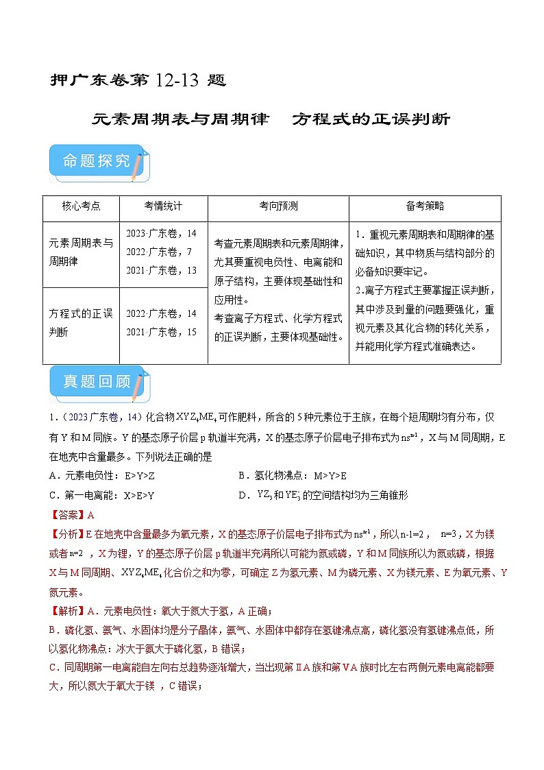 （广东版）新高考化学三轮冲刺强化练习 第12-13题 元素周期表与周期律 方程式的正误判断（解析版）01