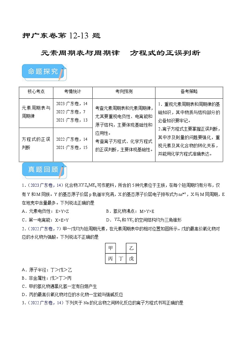 （广东版）新高考化学三轮冲刺强化练习 第12-13题 元素周期表与周期律 方程式的正误判断（解析版）01