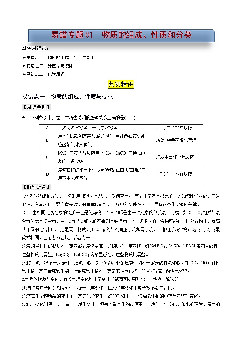 新高考化学三轮复习考前冲刺练习易错专题01 物质的组成、性质和分类（2份打包，原卷版+解析版）01